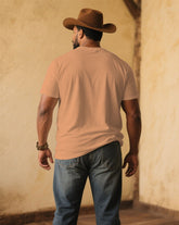 Men's Plus Size Dark Orange Western Denim Printed Chest Round Neck Short Sleeve T-Shirt